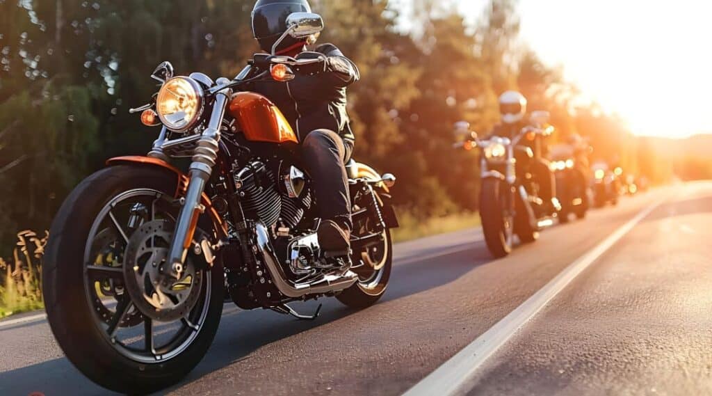 Motorradfahrer üben Fahrtechnik in Gruppe bei Sonnenuntergang auf Landstrasse