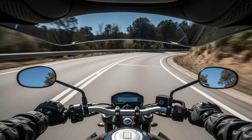 Motorrad Fahrtechnik - Motorradfahrer in Schräglage übt Kurventechnik und Blickführung auf Passstrasse