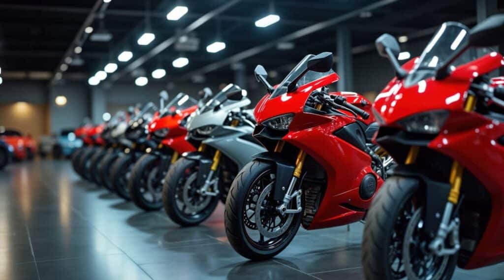 Neue Sportmotorräder in einem modernen Showroom – Symbolbild für den Kauf eines neuen Motorrads.