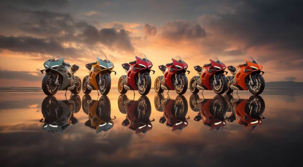 Reihe leistungsstarker Superbikes bei Sonnenuntergang – Kategorie A unbeschränkt in der Schweiz