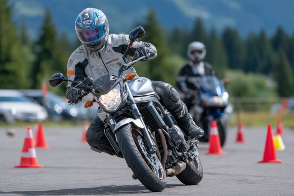 Motorrad Fahrschüler trainiert Fahrtechnik und kontrolliertes Bremsen auf einem Übungsplatz