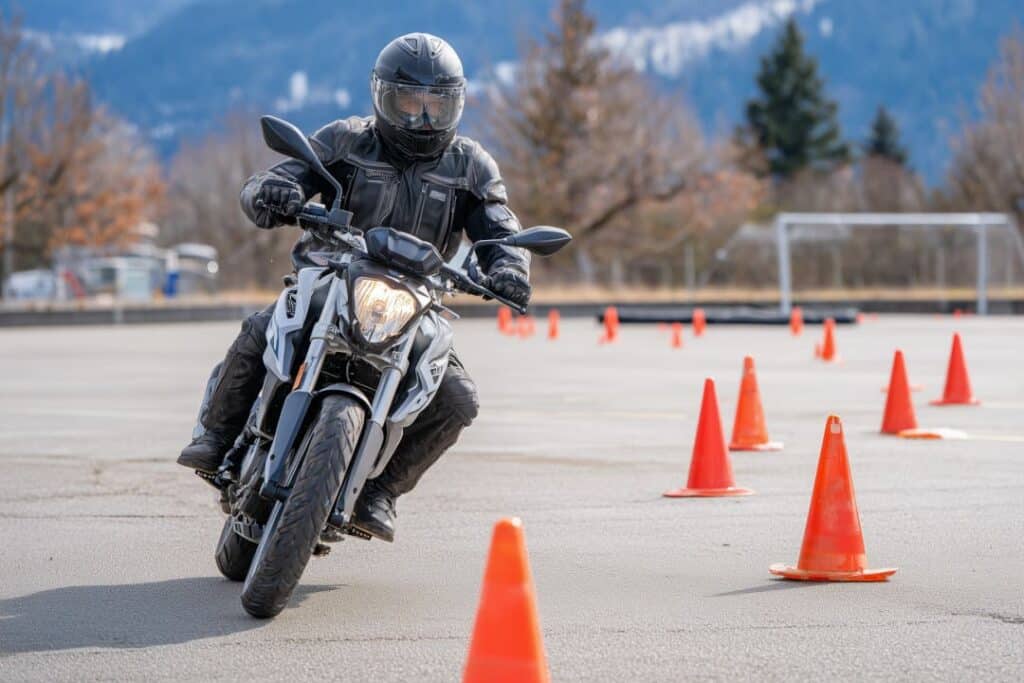 Motorradfahrer trainiert kontrolliertes Bremsen auf einem abgesperrten Übungsplatz mit Pylonen