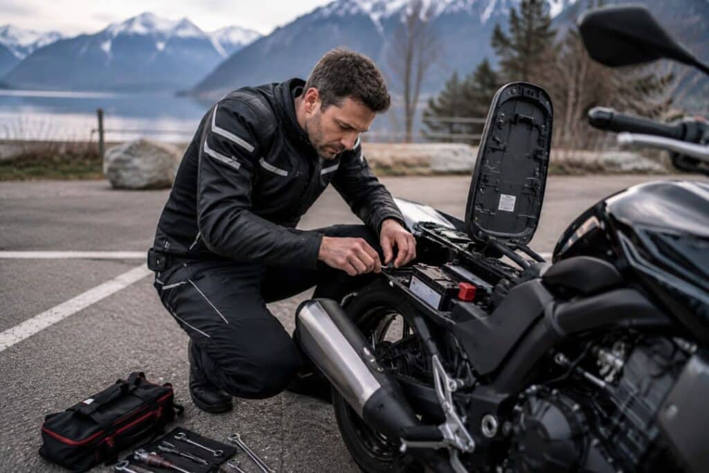 Motorrad startet nicht – Motorradfahrer prüft Batterie und Elektrik am Motorrad auf einem Parkplatz in voller Schutzkleidung