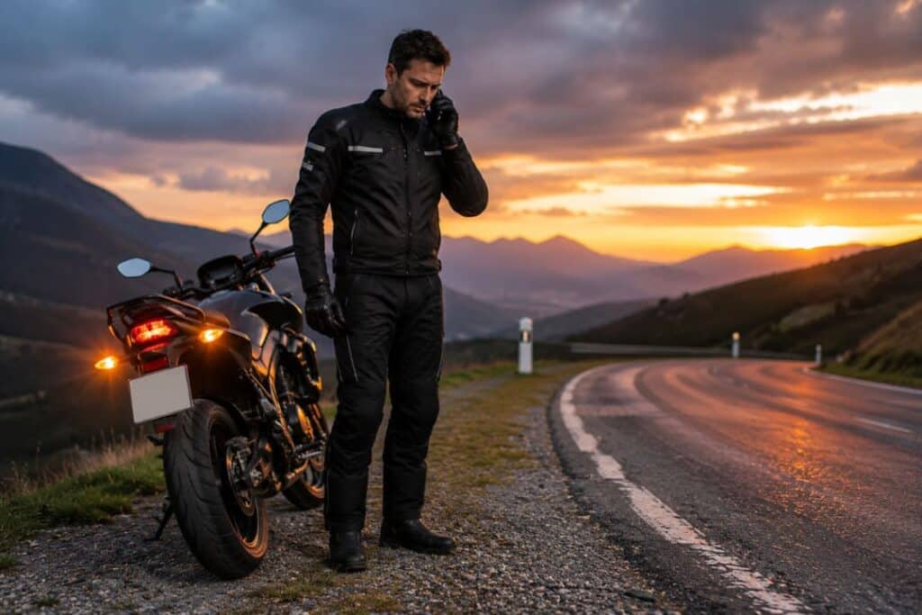 Motorrad startet nicht – Motorradfahrer ruft bei einer Panne am Strassenrand Hilfe an und wartet neben seinem Motorrad bei Abendstimmung
