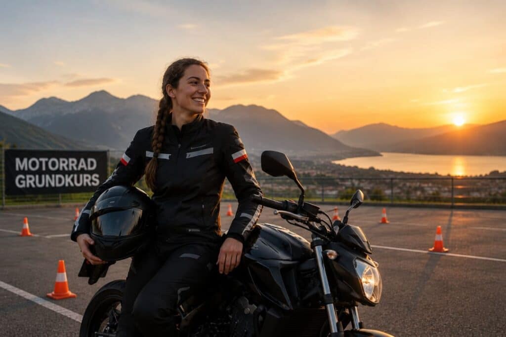 Angst vor dem Motorrad Grundkurs – glückliche Teilnehmerin nach einem erfolgreichen Kurstag