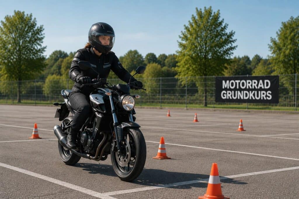 Angst vor dem Motorrad Grundkurs – Fahrschülerin übt Anfahren und Bremsen auf einem leeren Parkplatz