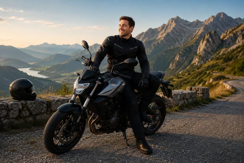 Erstes Motorrad kaufen – entspannter Motorradfahrer geniesst die Aussicht auf einer Passstrasse