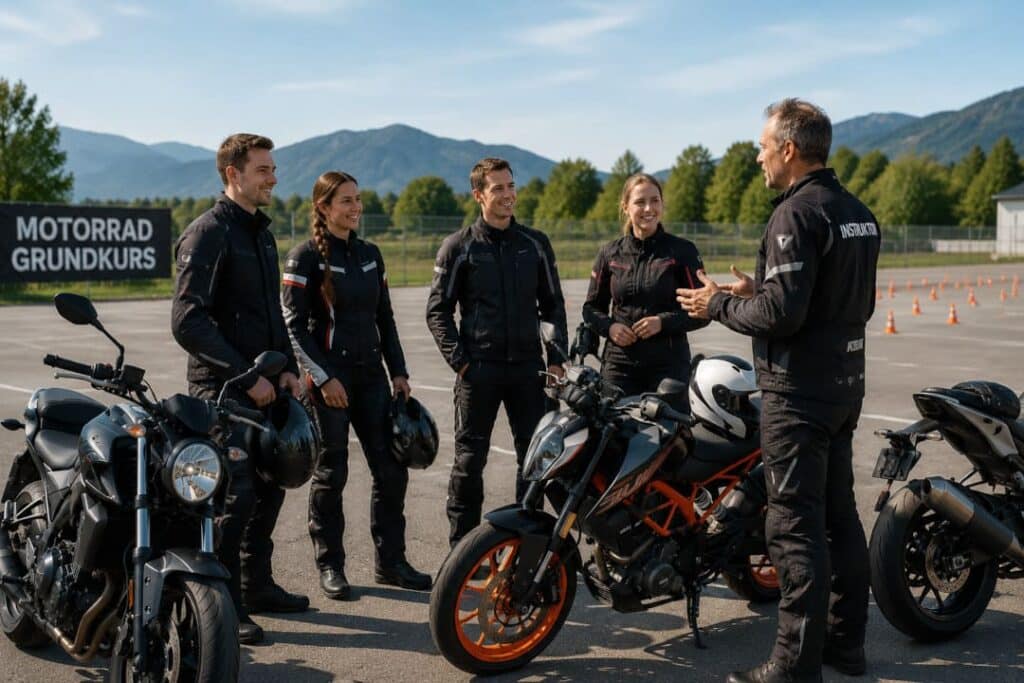 Motorrad Grundkurs mit kleiner Gruppe und Instruktor auf einem Übungsplatz in entspannter Atmosphäre