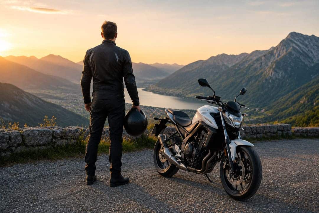 Motorrad kaufen für Anfänger – Motorradfahrer mit Anfänger-Motorrad an einer Passstrasse in den Bergen