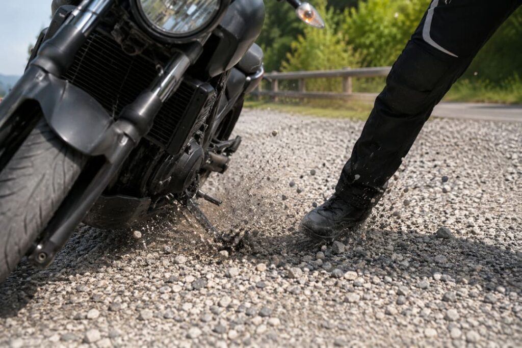 Motorrad verliert auf lockerem Kies den Halt und kippt beim Abstellen zur Seite