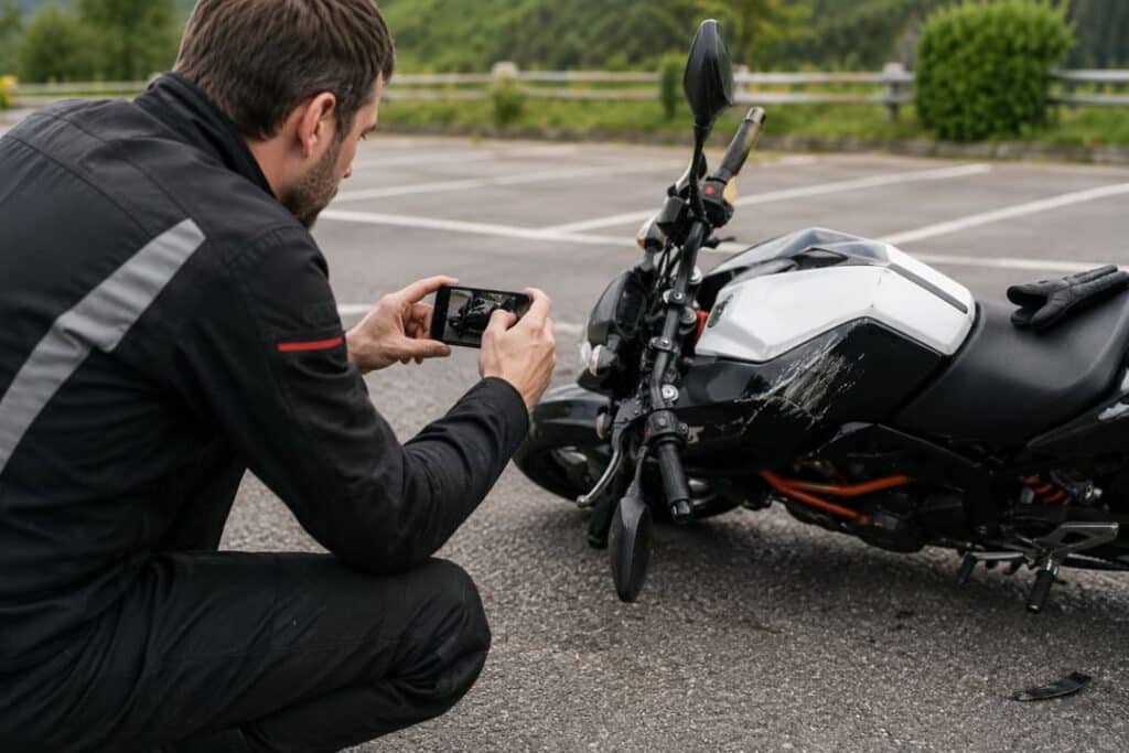 Motorradfahrer fotografiert Schäden am Motorrad für die Versicherung nach einem Umfaller