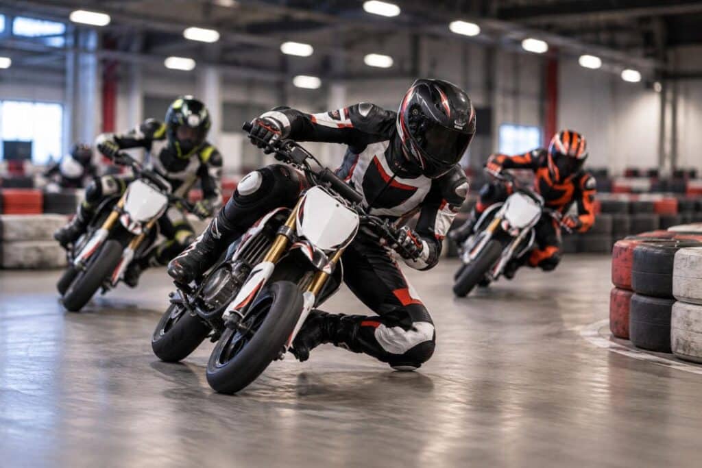 Motorradfahrer beim Pitbike-Indoor-Training auf einer abgesperrten Indoor-Strecke