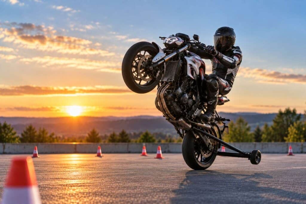 Motorradfahrer beim Wheelie Advanced Training auf einem abgesperrten Trainingsgelände