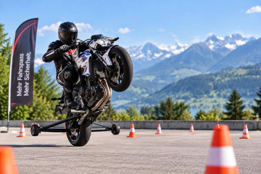 Motorradfahrer beim Wheelietraining Basic auf einem abgesperrten Trainingsgelände