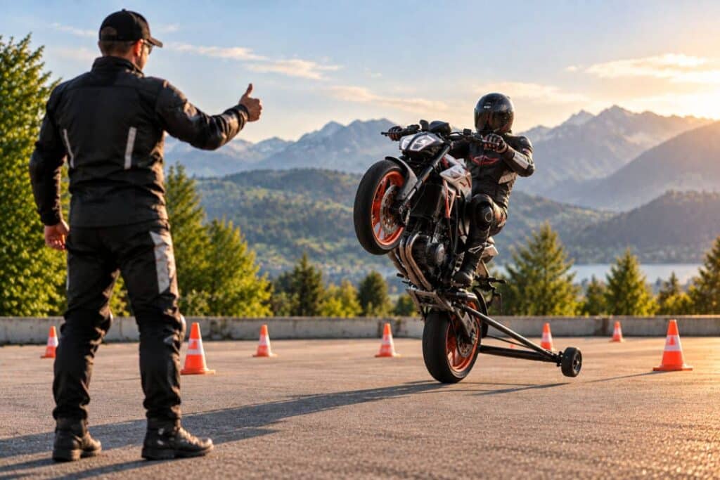 Motorradfahrer beim Wheelietraining Intensiv unter Anleitung eines Instruktors
